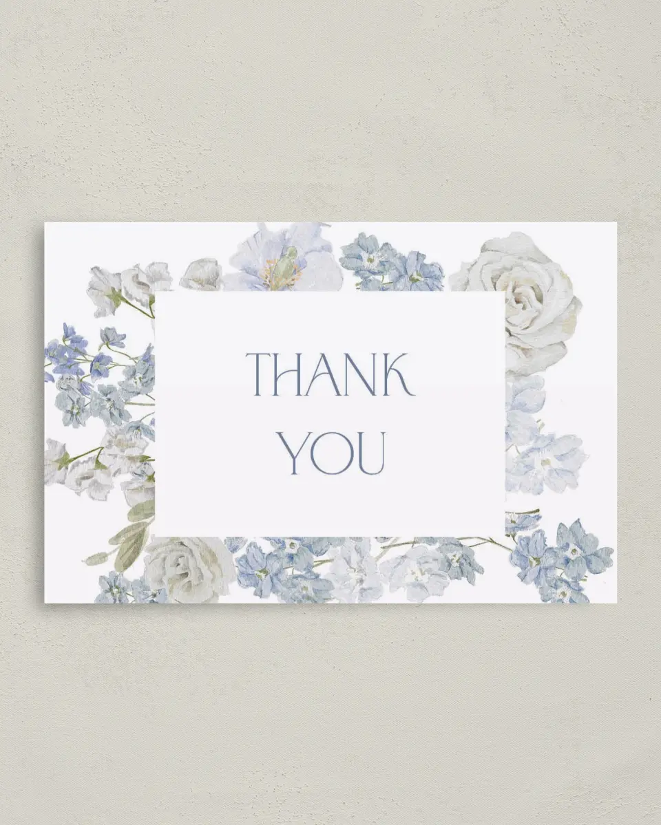 This is a 4" x 6" Folded Baby Shower Thank You Card called Darling Delphinium printed in full color on Premium Smooth paper