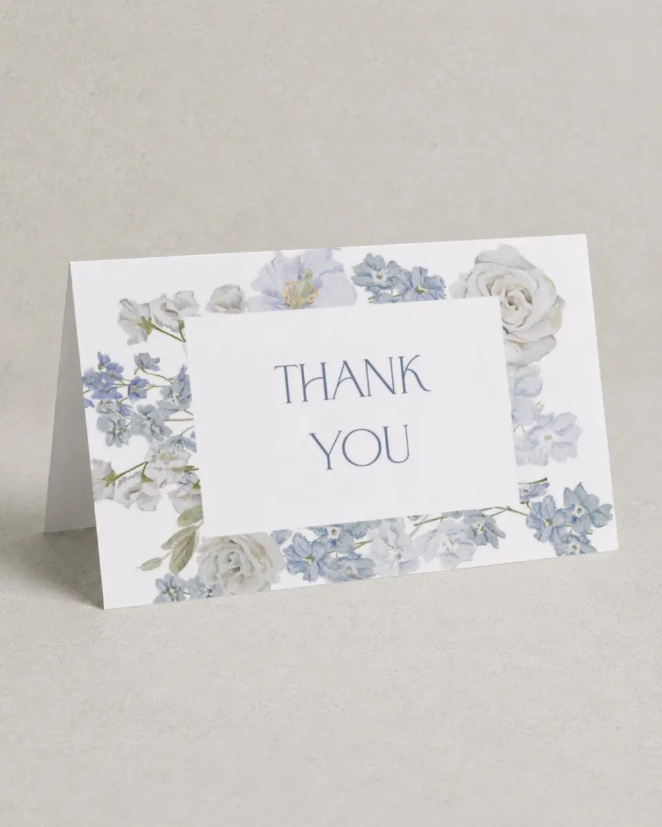 This is a 4" x 6" Folded Baby Shower Thank You Card called Darling Delphinium printed in full color on Premium Smooth paper