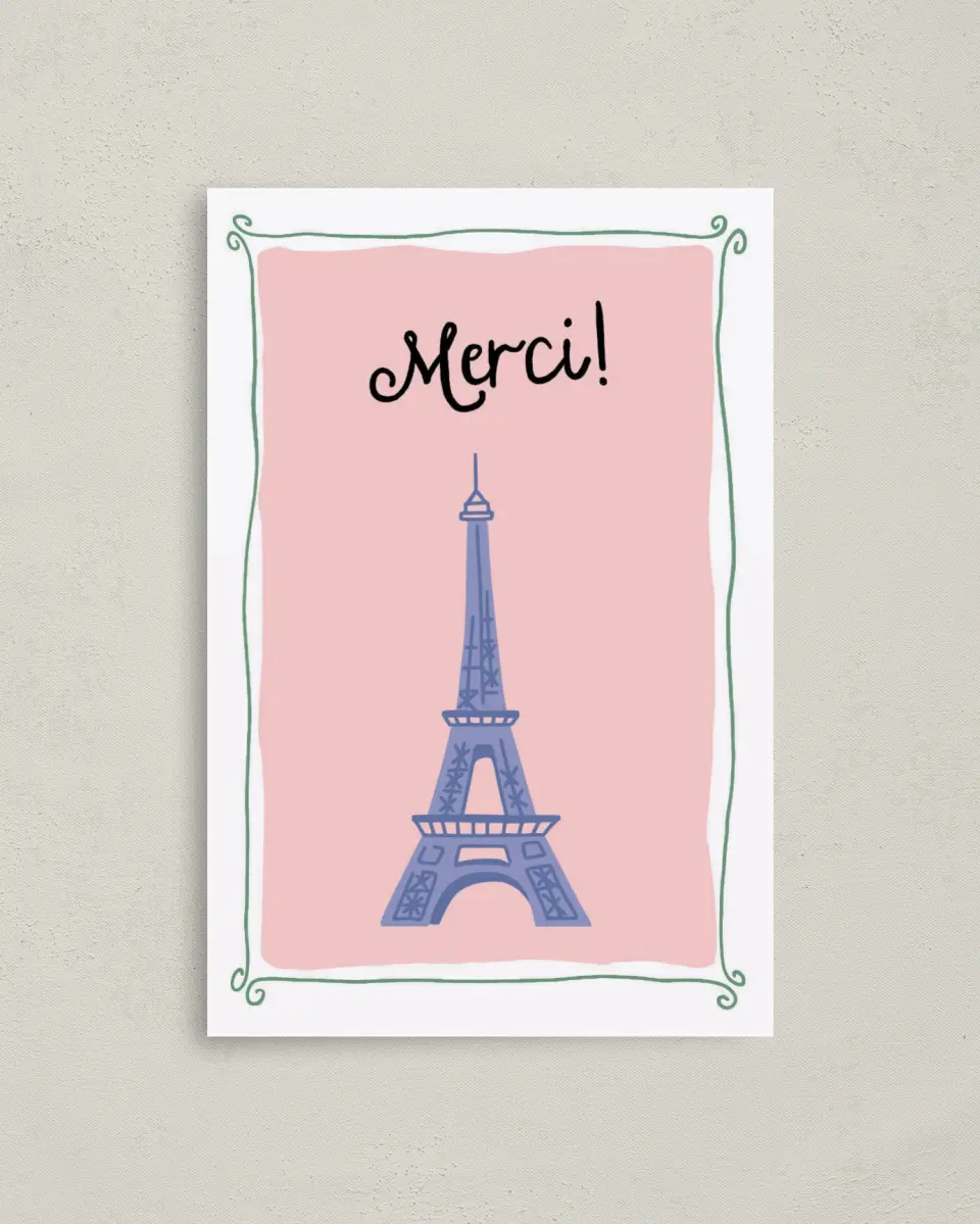 This is a 4" x 6" Folded Baby Shower Thank You Card called Bonjour Bebe printed in full color on Premium Smooth paper