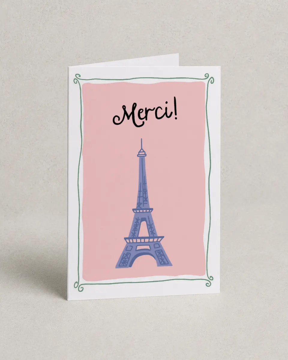 This is a 4" x 6" Folded Baby Shower Thank You Card called Bonjour Bebe printed in full color on Premium Smooth paper