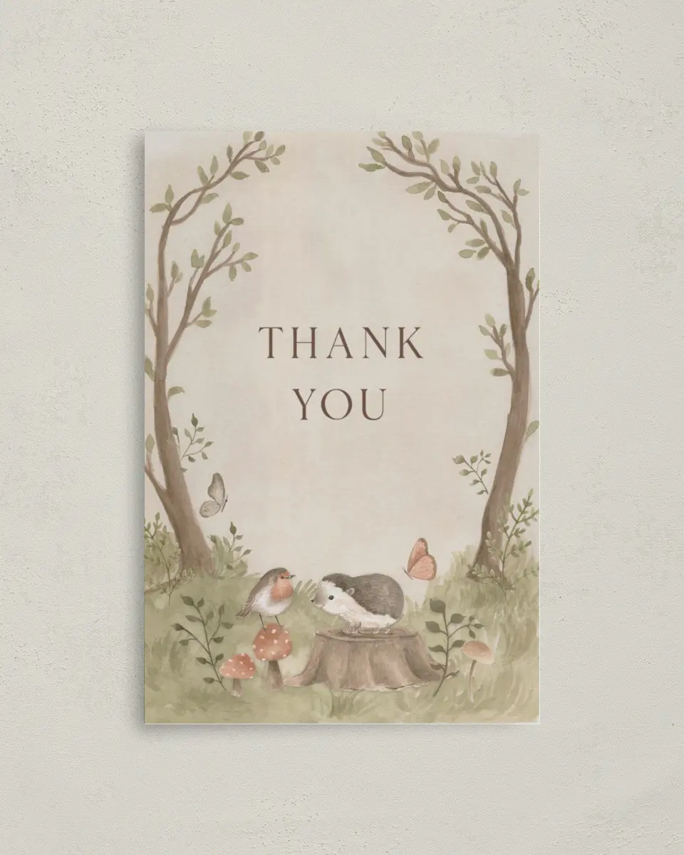 This is a 4" x 6" Folded Baby Shower Thank You Card called Enchanting Forest printed in full color on Premium Smooth paper