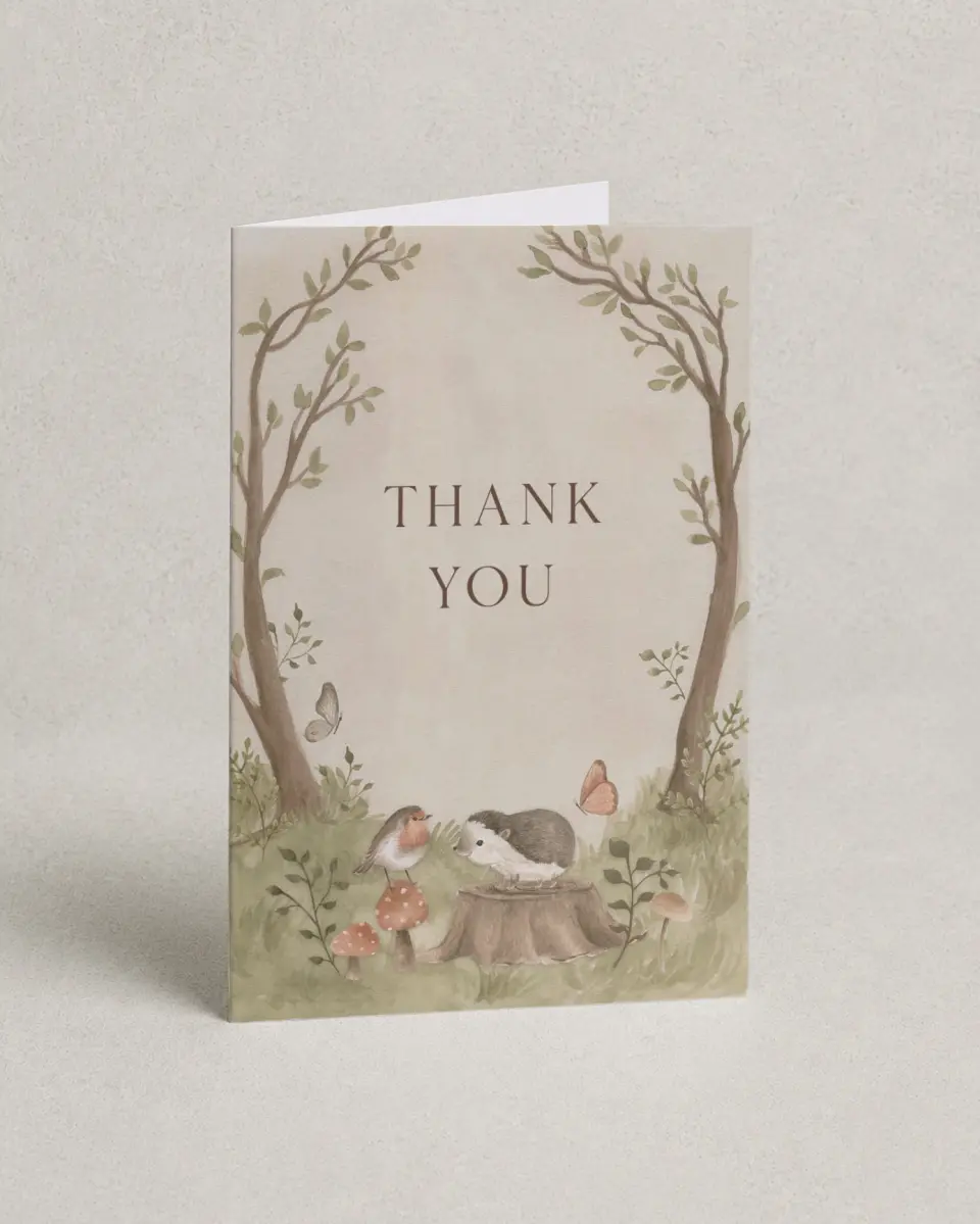 This is a 4" x 6" Folded Baby Shower Thank You Card called Enchanting Forest printed in full color on Premium Smooth paper