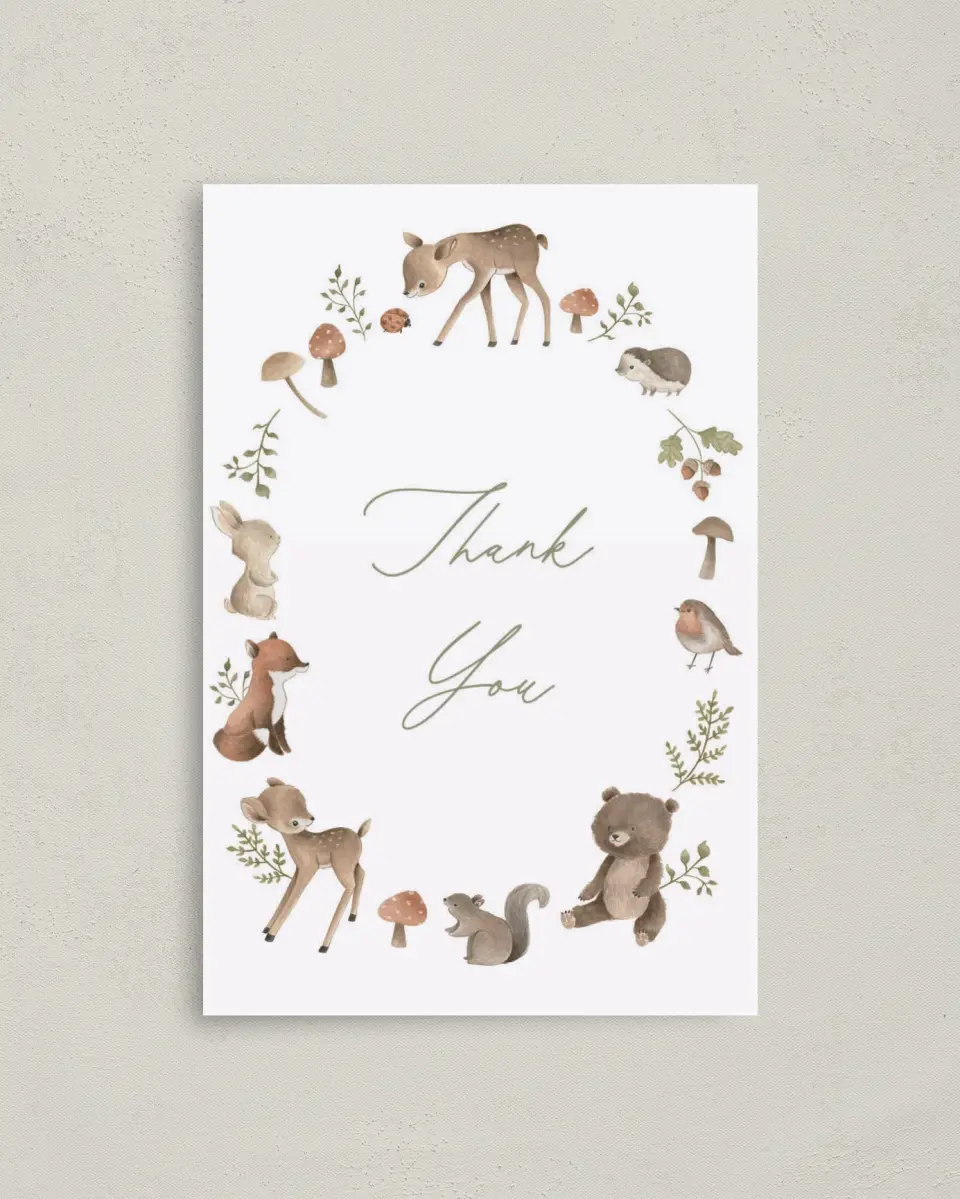 This is a 4" x 6" Folded Baby Shower Thank You Card called Woodland Wonder printed in full color on Premium Smooth paper
