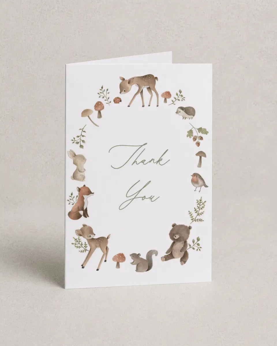 This is a 4" x 6" Folded Baby Shower Thank You Card called Woodland Wonder printed in full color with Rose Gold foil on Luxe Satin (coated) paper