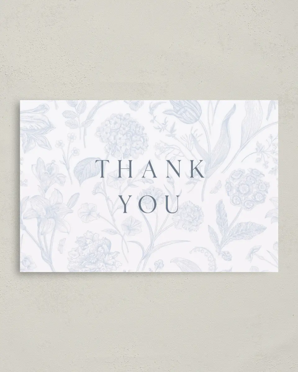This is a 4" x 6" Folded Baby Shower Thank You Card called Blissful Blooms printed in full color on Premium Smooth paper