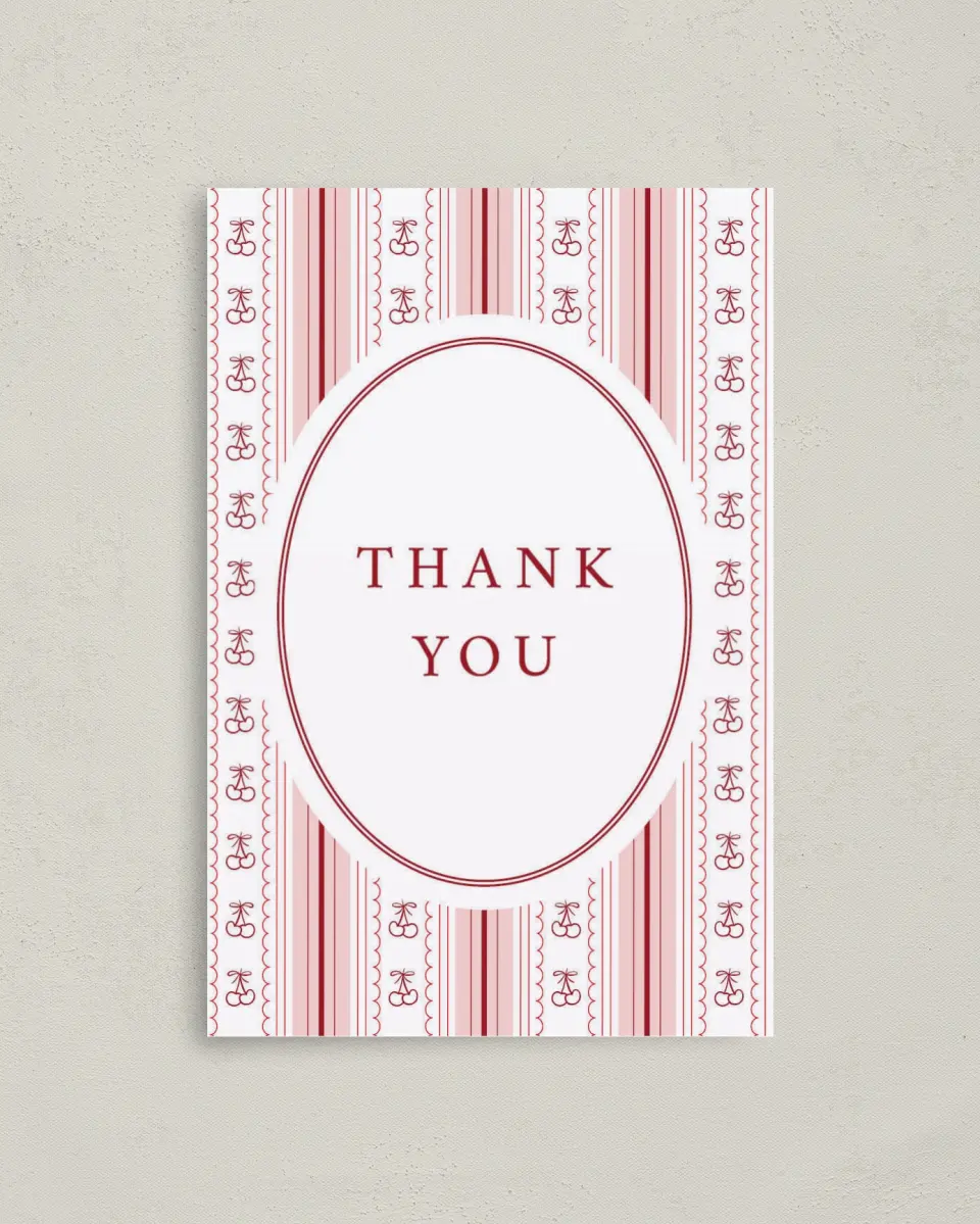 This is a 4" x 6" Folded Baby Shower Thank You Card called Coquette Cherries printed in full color on Premium Smooth paper