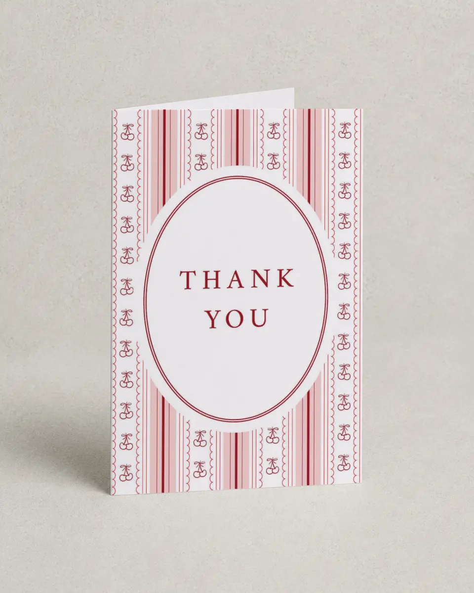 This is a 4" x 6" Folded Baby Shower Thank You Card called Coquette Cherries printed in full color on Premium Smooth paper