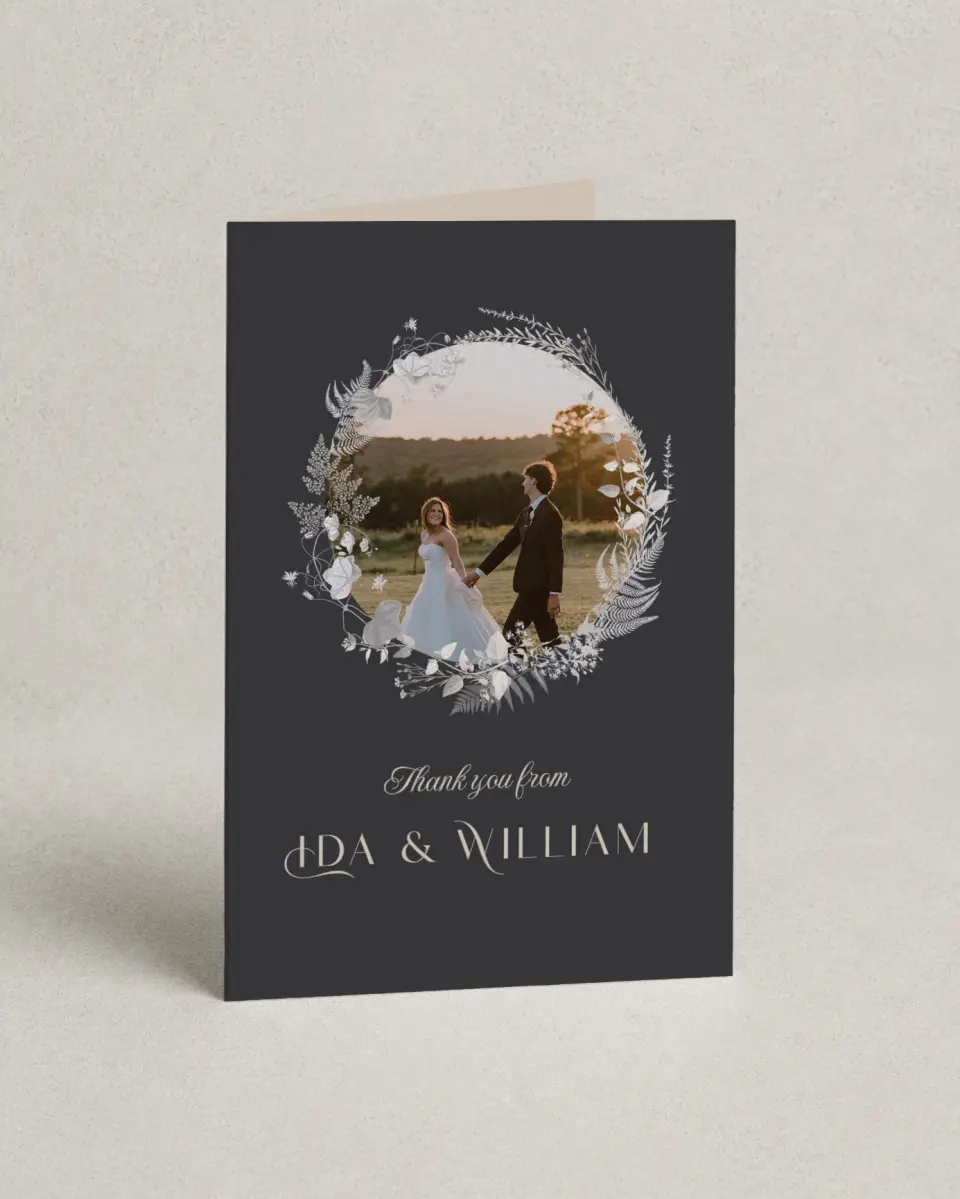 This is a 4" x 6" Folded Thank You Card called Winter Wildflowers printed in full color on Premium Smooth paper