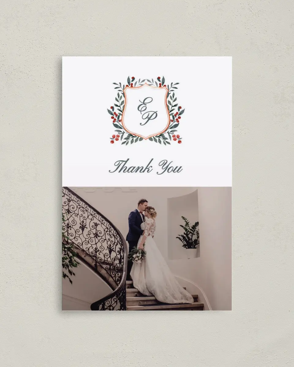 This is a 4" x 6" Folded Thank You Card called Heirloom Holly printed in full color on Premium Smooth paper