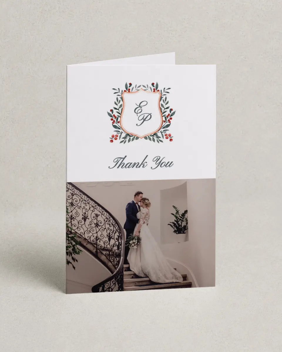 This is a 4" x 6" Folded Thank You Card called Heirloom Holly printed in full color on Premium Smooth paper