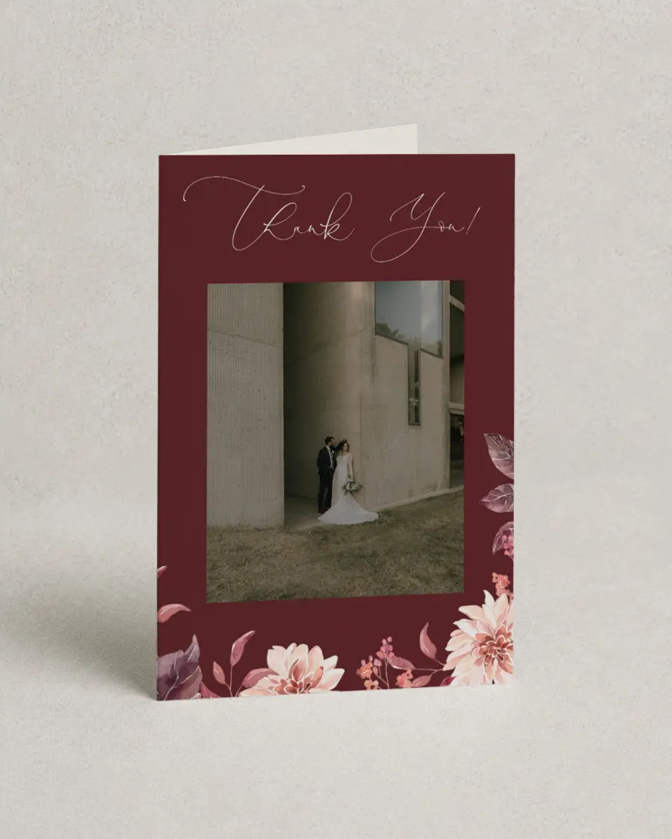 This is a 4" x 6" Folded Thank You Card called Fall Florals printed in full color on Premium Smooth paper