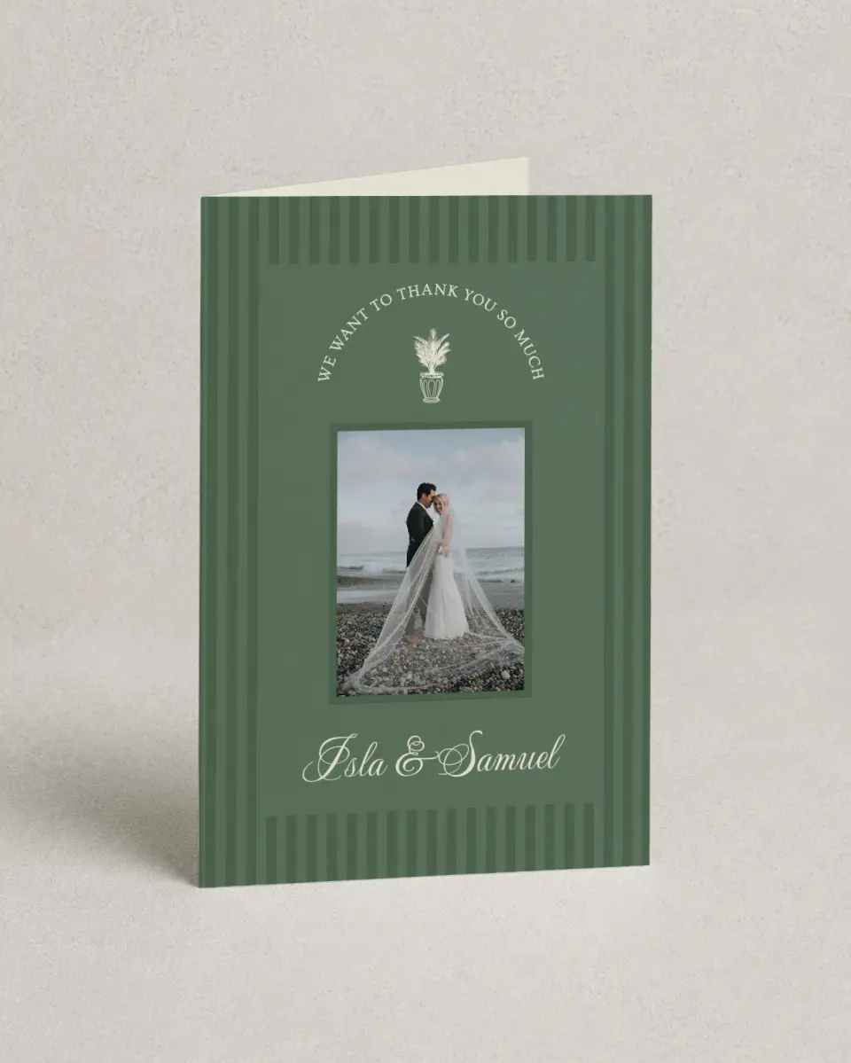 This is a 4" x 6" Folded Thank You Card called Warwick printed in full color on Premium Smooth paper
