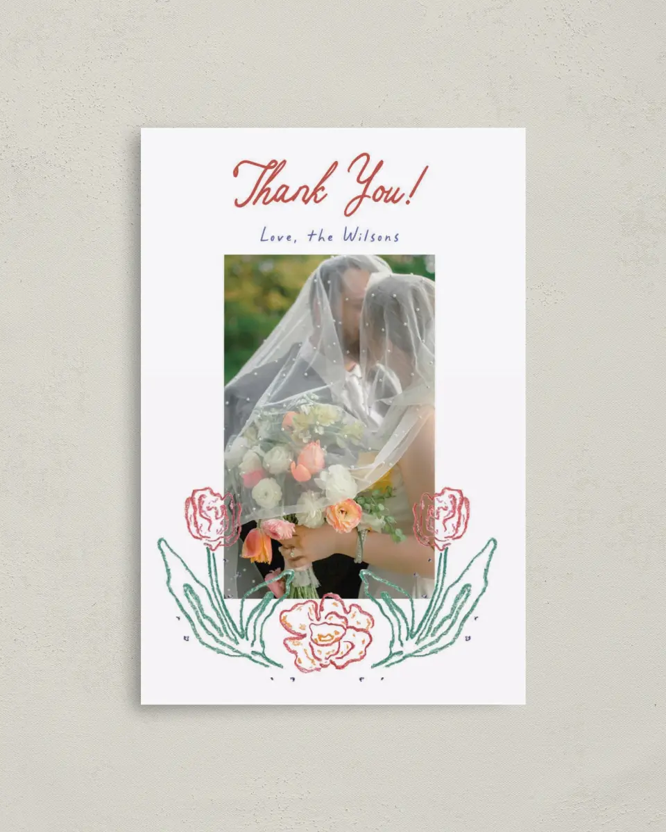This is a 4" x 6" Folded Thank You Card called Whimsy Love printed in full color on Premium Smooth paper