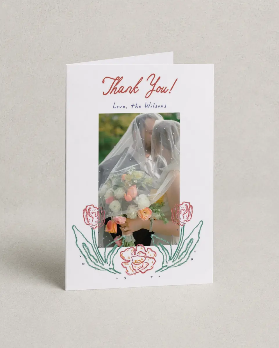 This is a 4" x 6" Folded Thank You Card called Whimsy Love printed in full color on Premium Smooth paper