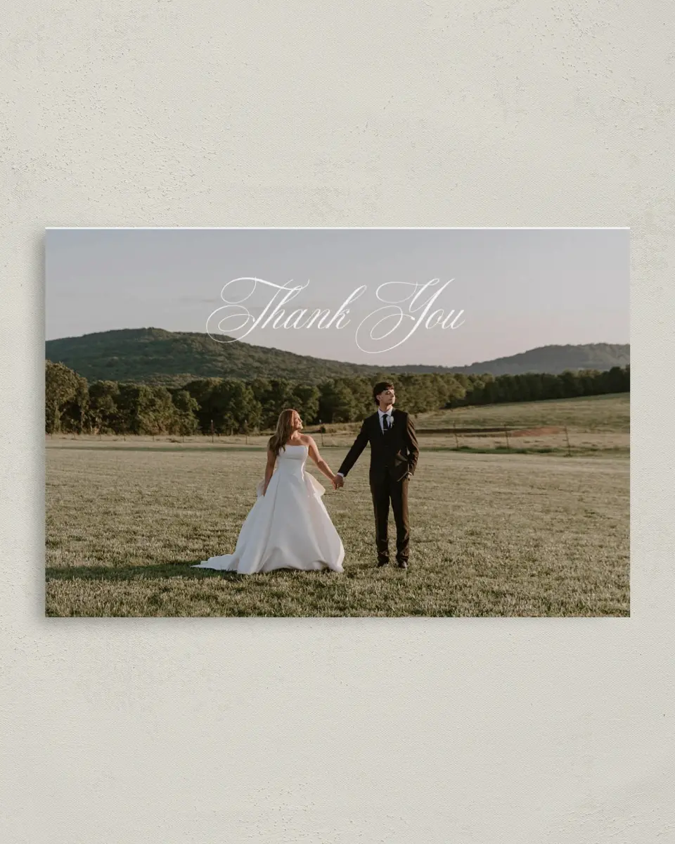 This is a 4" x 6" Folded Thank You Card called Georgetown printed in full color with Rose Gold foil on Luxe Satin (coated) paper