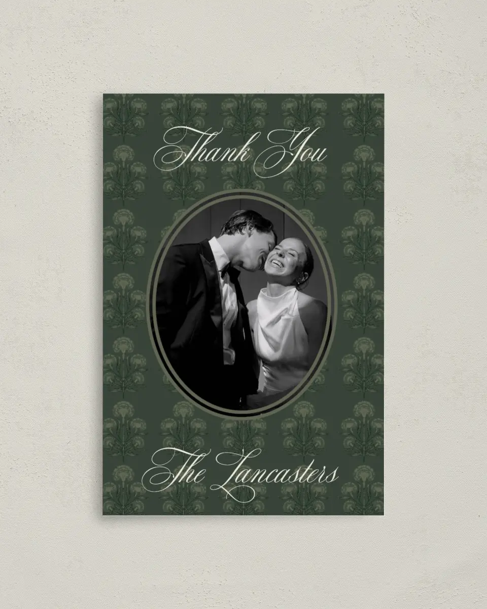 This is a 4" x 6" Folded Thank You Card called Hillsborough printed in full color on Premium Smooth paper