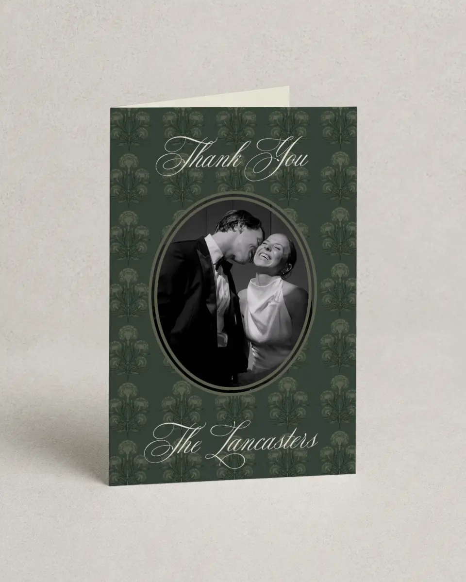 This is a 4" x 6" Folded Thank You Card called Hillsborough printed in full color on Premium Smooth paper