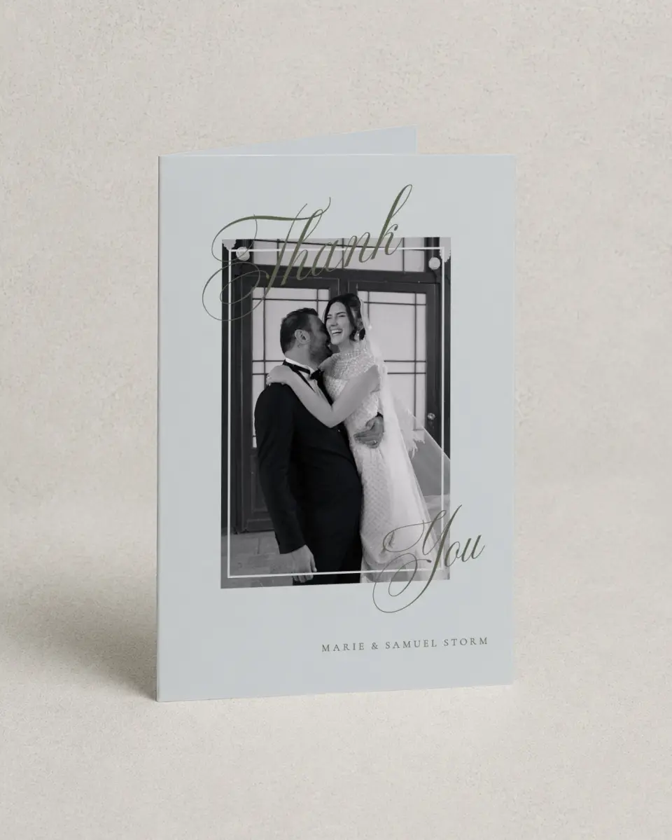 This is a 4" x 6" Folded Thank You Card called Foxfire printed in full color on Premium Smooth paper