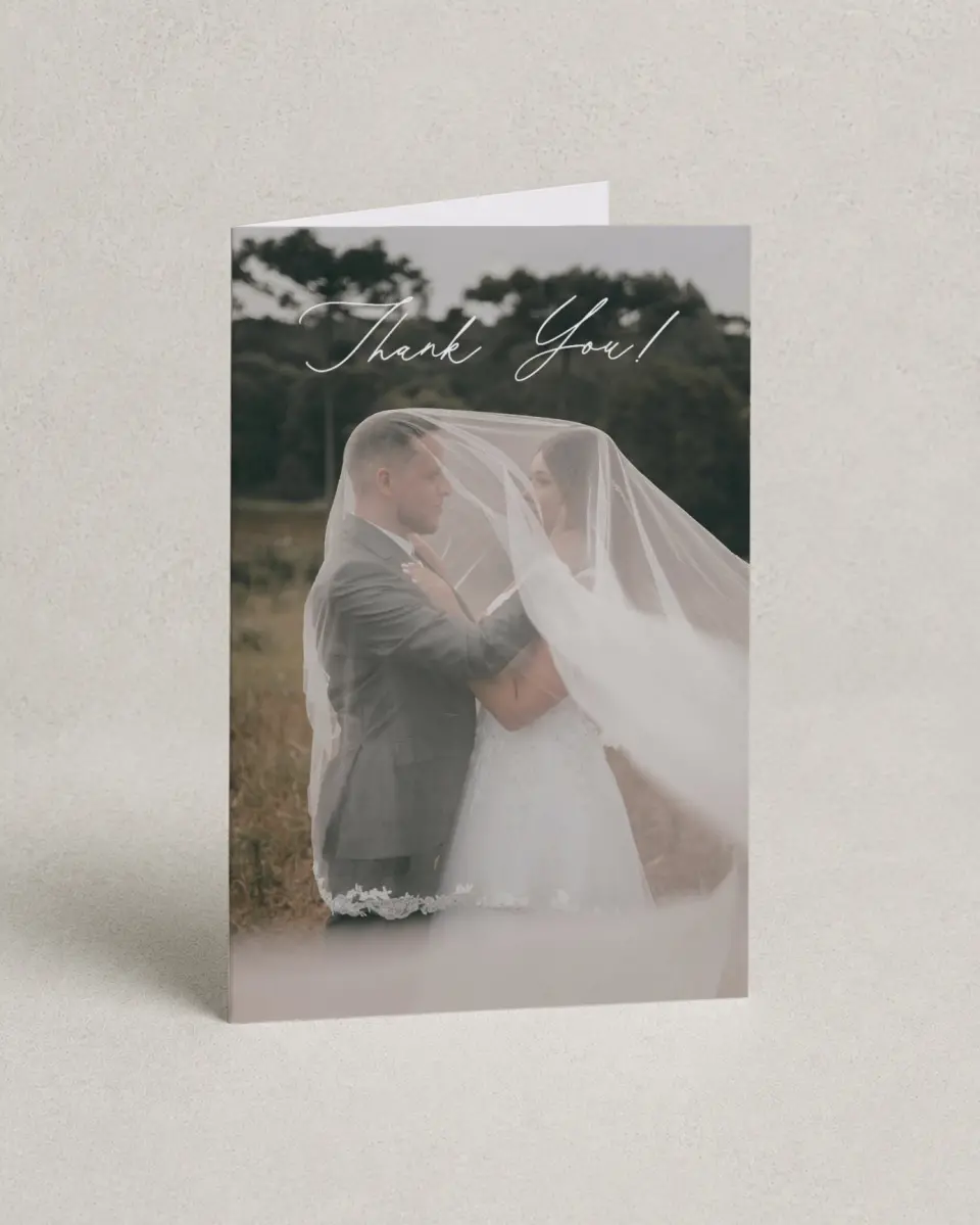This is a 4" x 6" Folded Thank You Card called Willowmere printed in full color on Premium Smooth paper