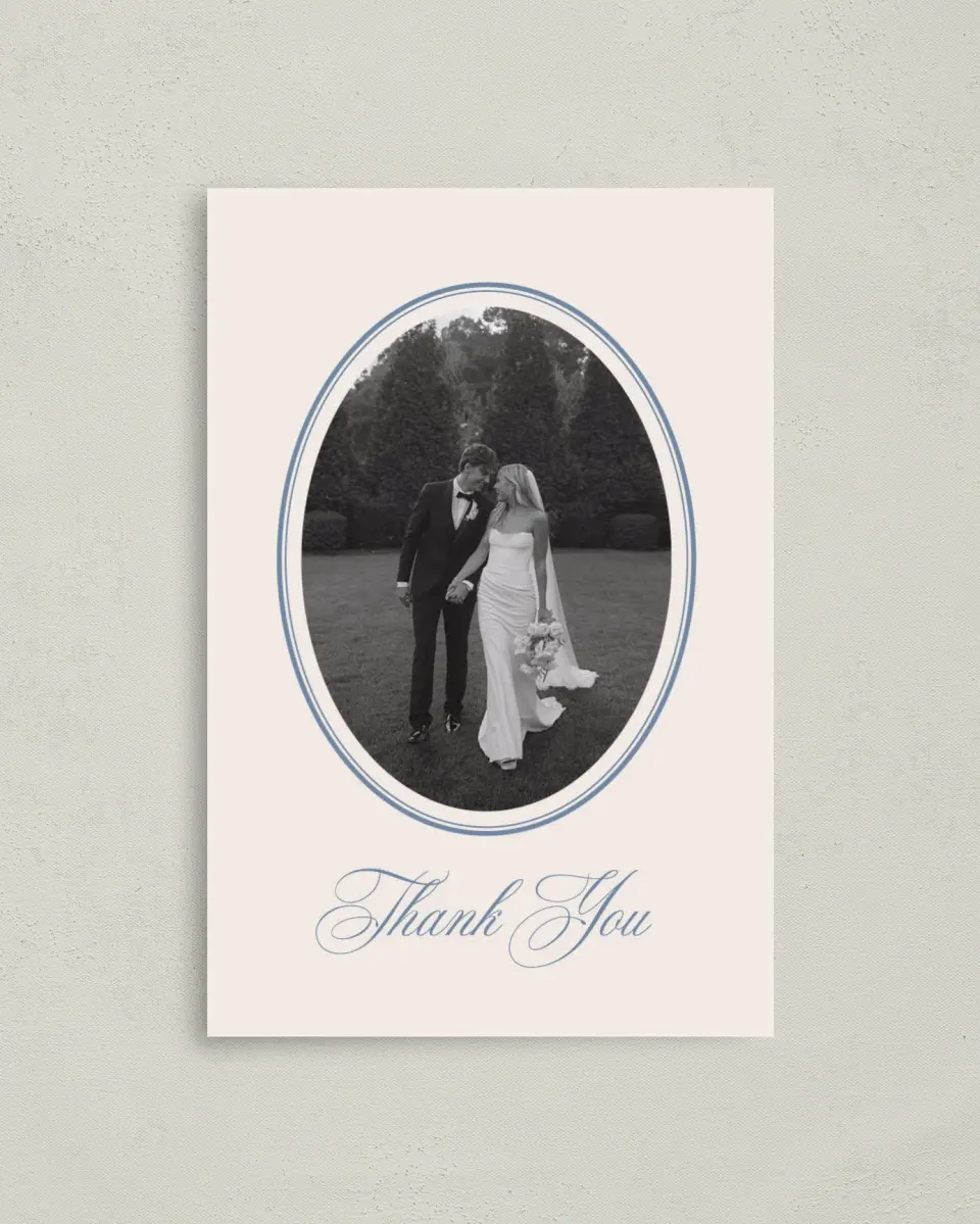 This is a 4" x 6" Folded Thank You Card called Vintage Reverie printed in full color with Rose Gold foil on Luxe Satin (coated) paper