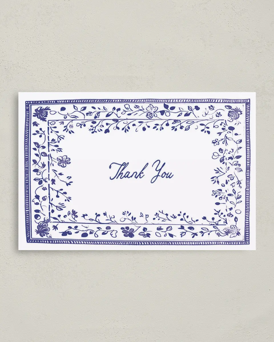 This is a 4" x 6" Folded Thank You Card called Storybook Garden printed in full color with Rose Gold foil on Luxe Satin (coated) paper