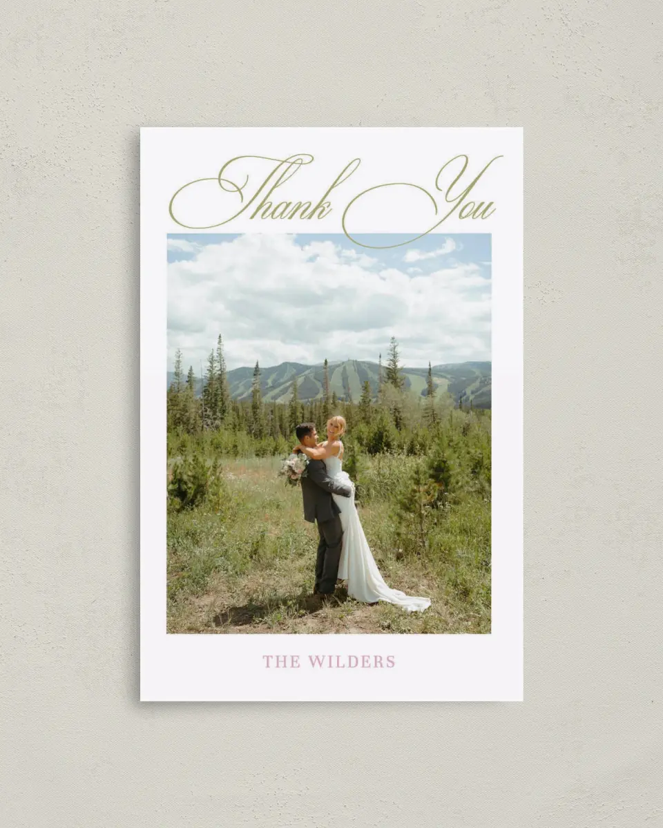 This is a 4" x 6" Folded Thank You Card called Evening in Bloom printed in full color with Rose Gold foil on Luxe Satin (coated) paper