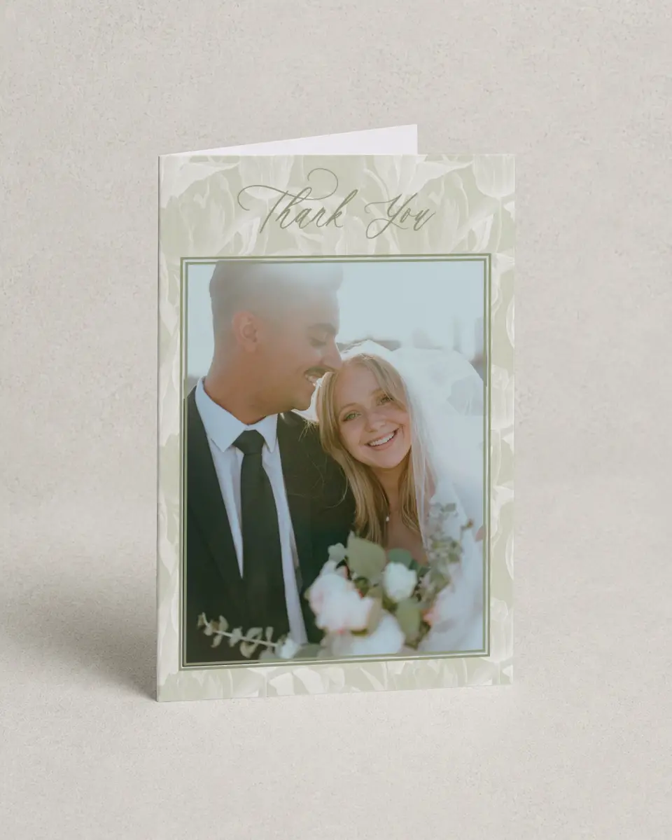 This is a 4" x 6" Folded Thank You Card called Timeless Tulips printed in full color on Premium Smooth paper