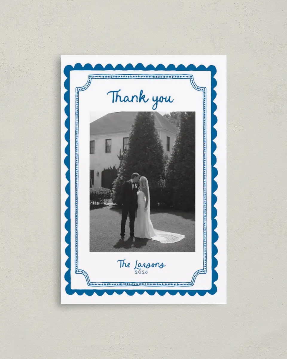 This is a 4" x 6" Folded Thank You Card called Scalloped Elegance printed in full color on Premium Smooth paper