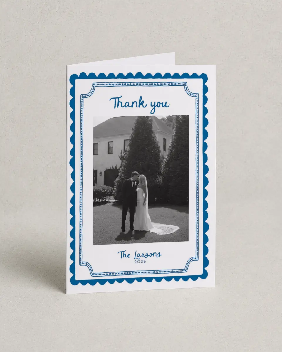This is a 4" x 6" Folded Thank You Card called Scalloped Elegance printed in full color on Premium Smooth paper