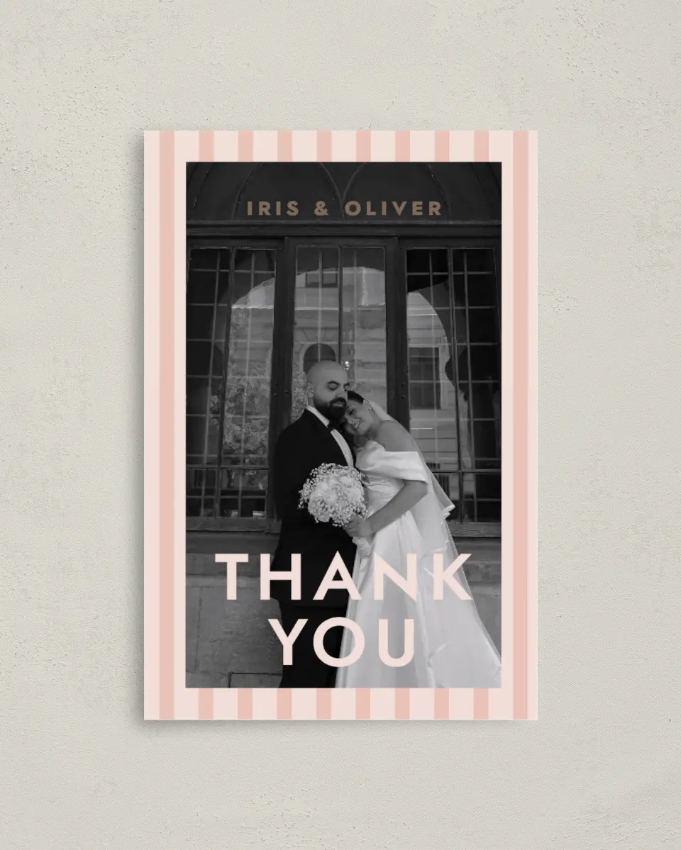 This is a 4" x 6" Folded Thank You Card called Serendipity & Stripes printed in full color with Rose Gold foil on Luxe Satin (coated) paper