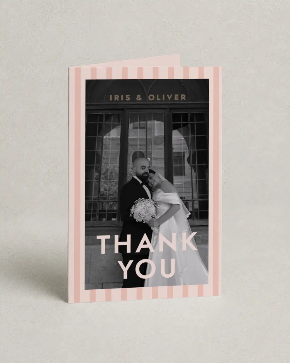 This is a 4" x 6" Folded Thank You Card called Serendipity & Stripes printed in full color on Premium Smooth paper