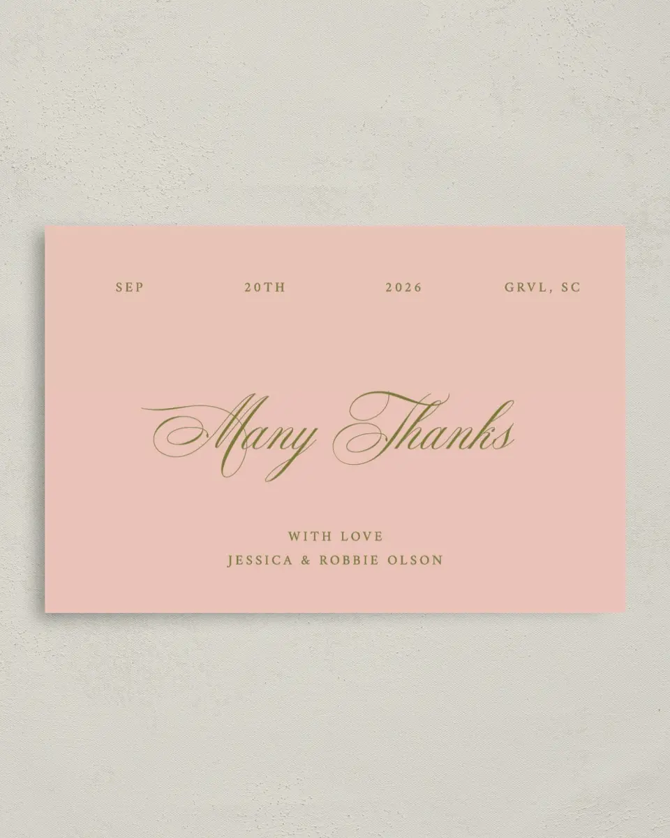 This is a 4" x 6" Folded Thank You Card called Love Off Script printed in full color with Rose Gold foil on Luxe Satin (coated) paper