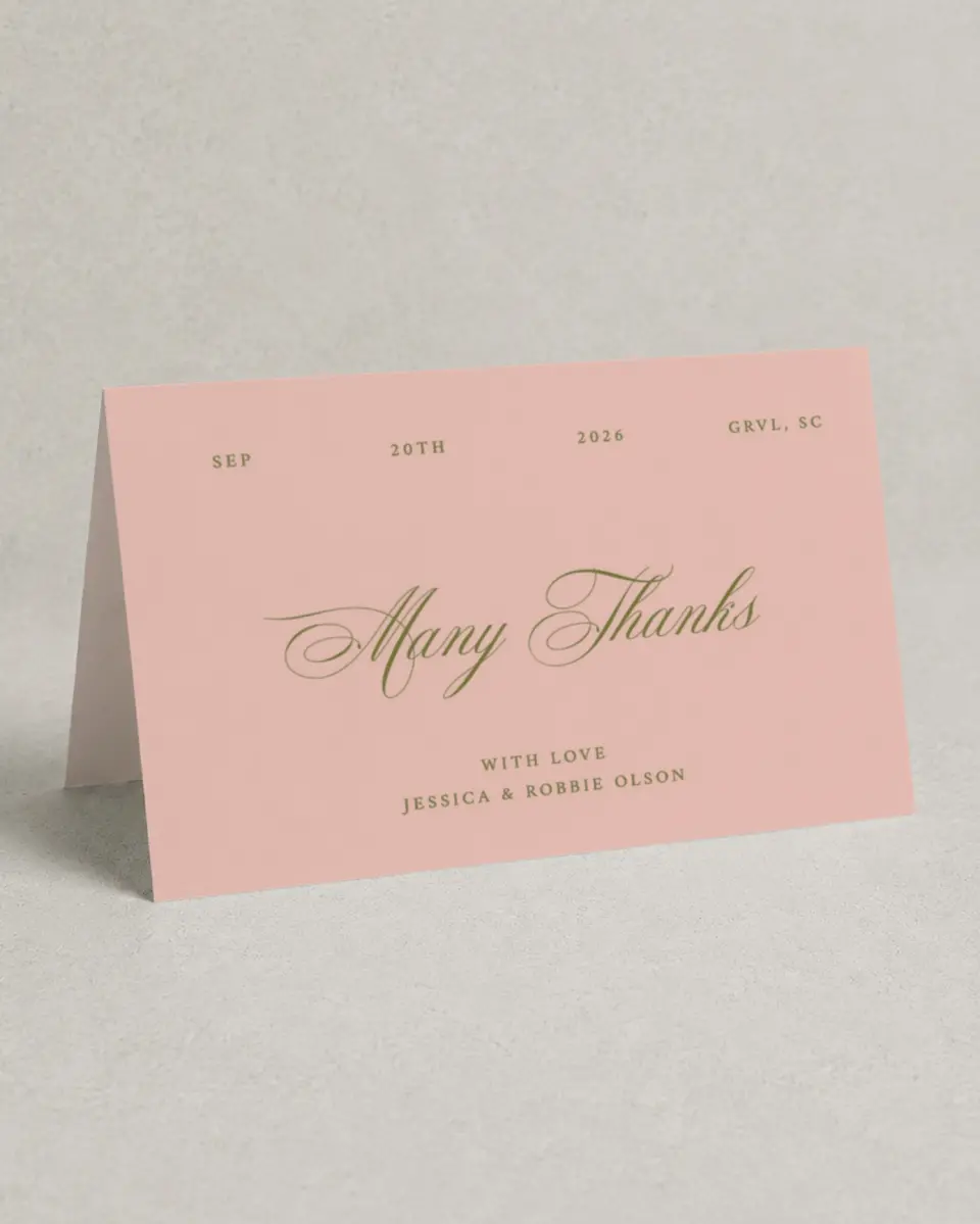 This is a 4" x 6" Folded Thank You Card called Love Off Script printed in full color on Premium Smooth paper