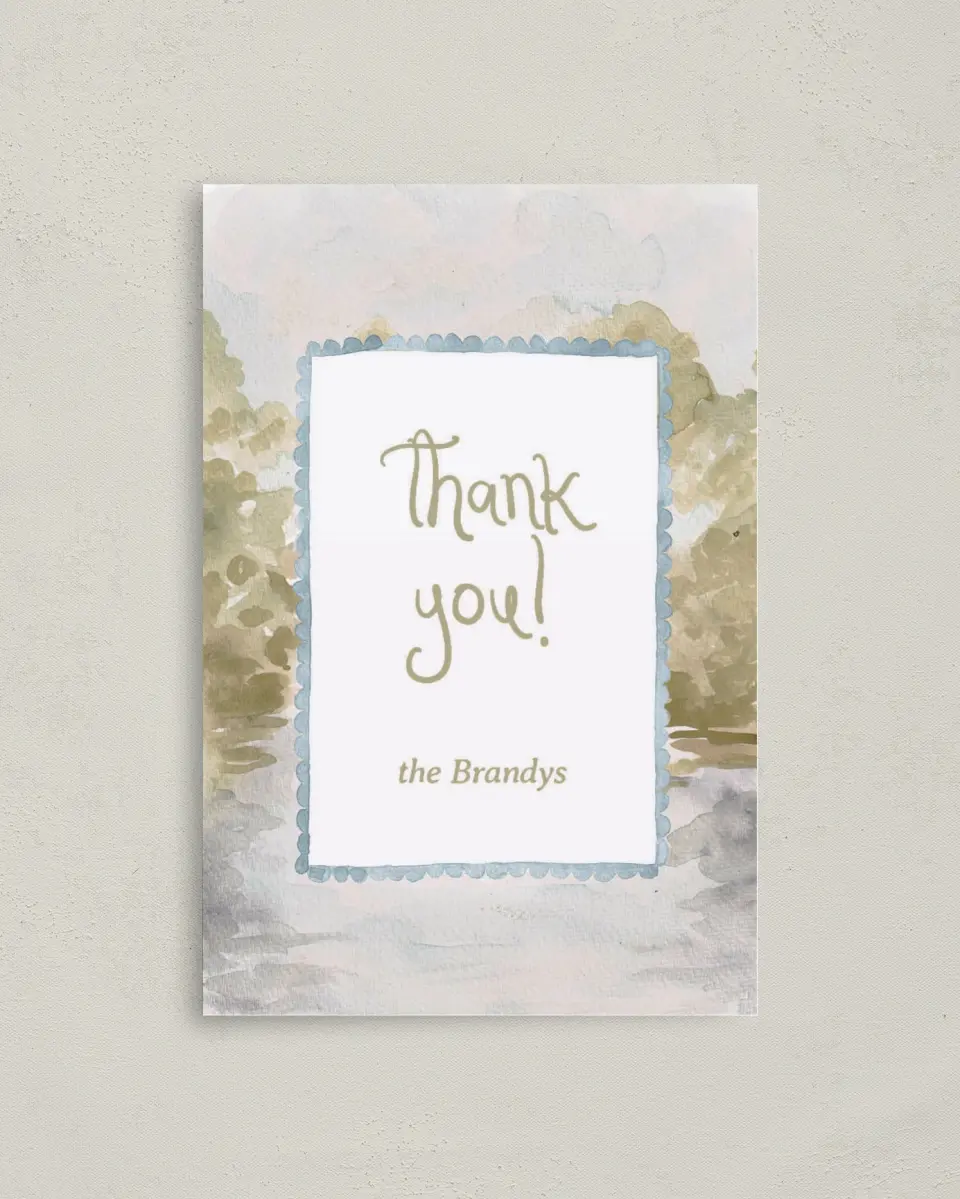 This is a 4" x 6" Folded Thank You Card called Soft Meadows printed in full color on Premium Smooth paper