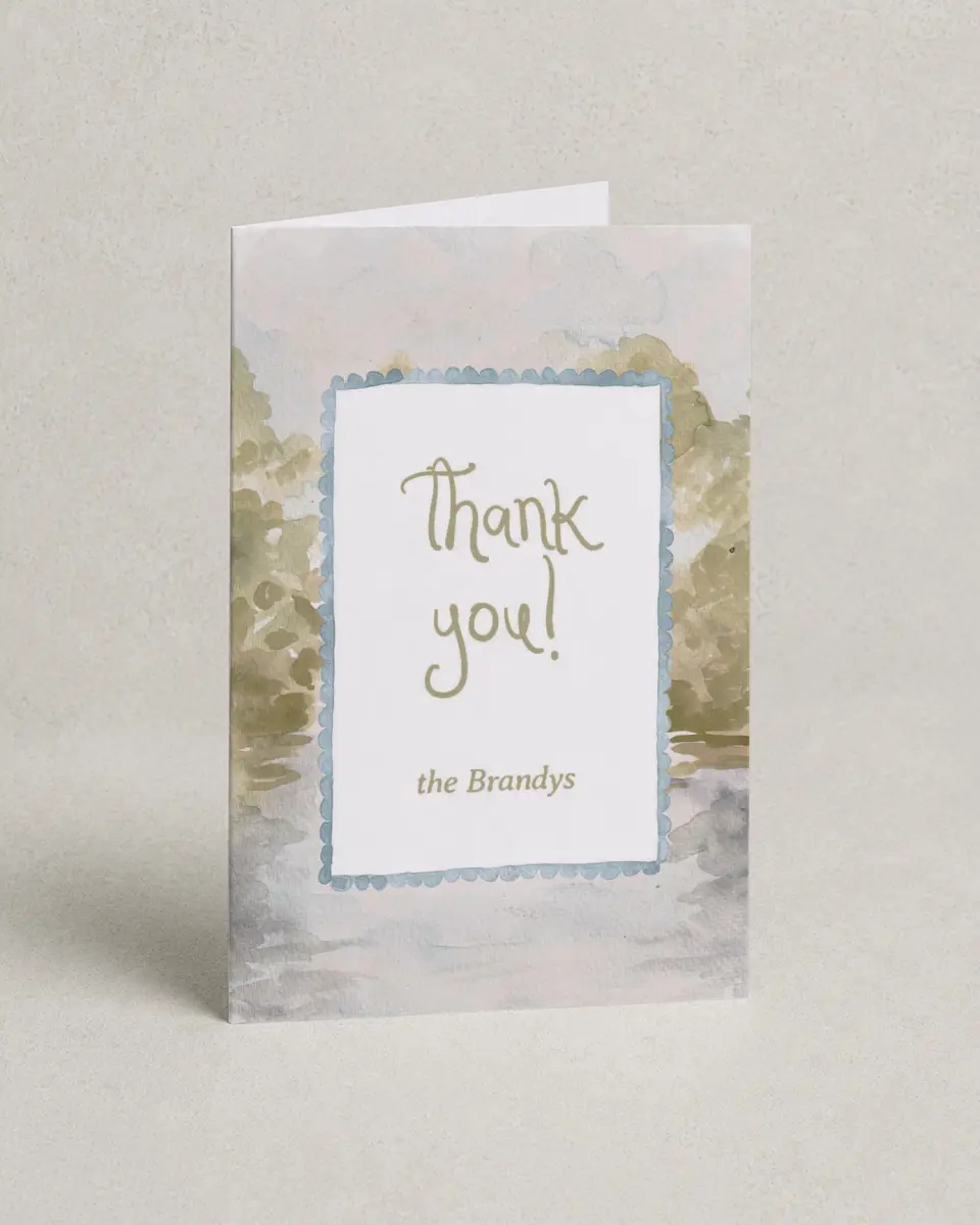 This is a 4" x 6" Folded Thank You Card called Soft Meadows printed in full color on Premium Smooth paper