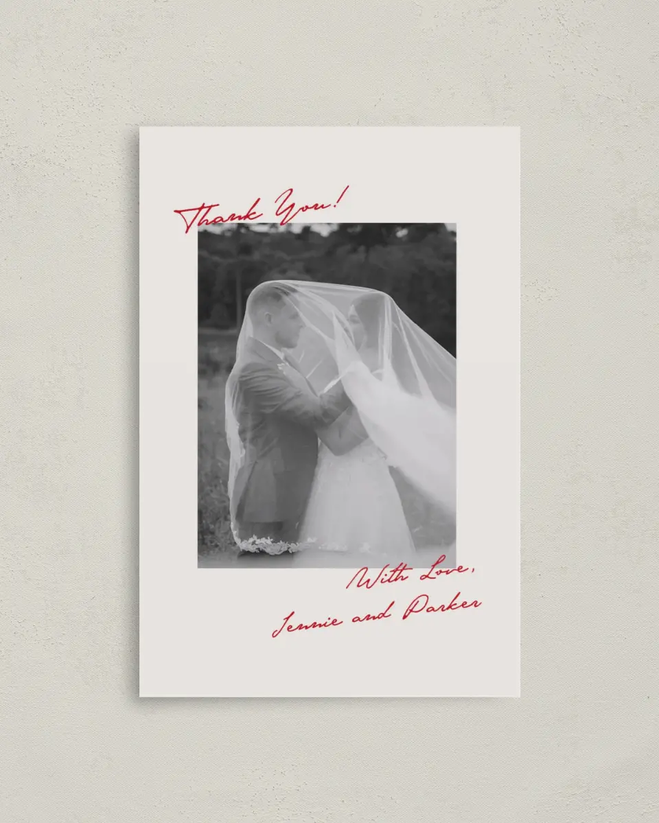 This is a 4" x 6" Folded Thank You Card called With All Our Love printed in full color with Rose Gold foil on Luxe Satin (coated) paper