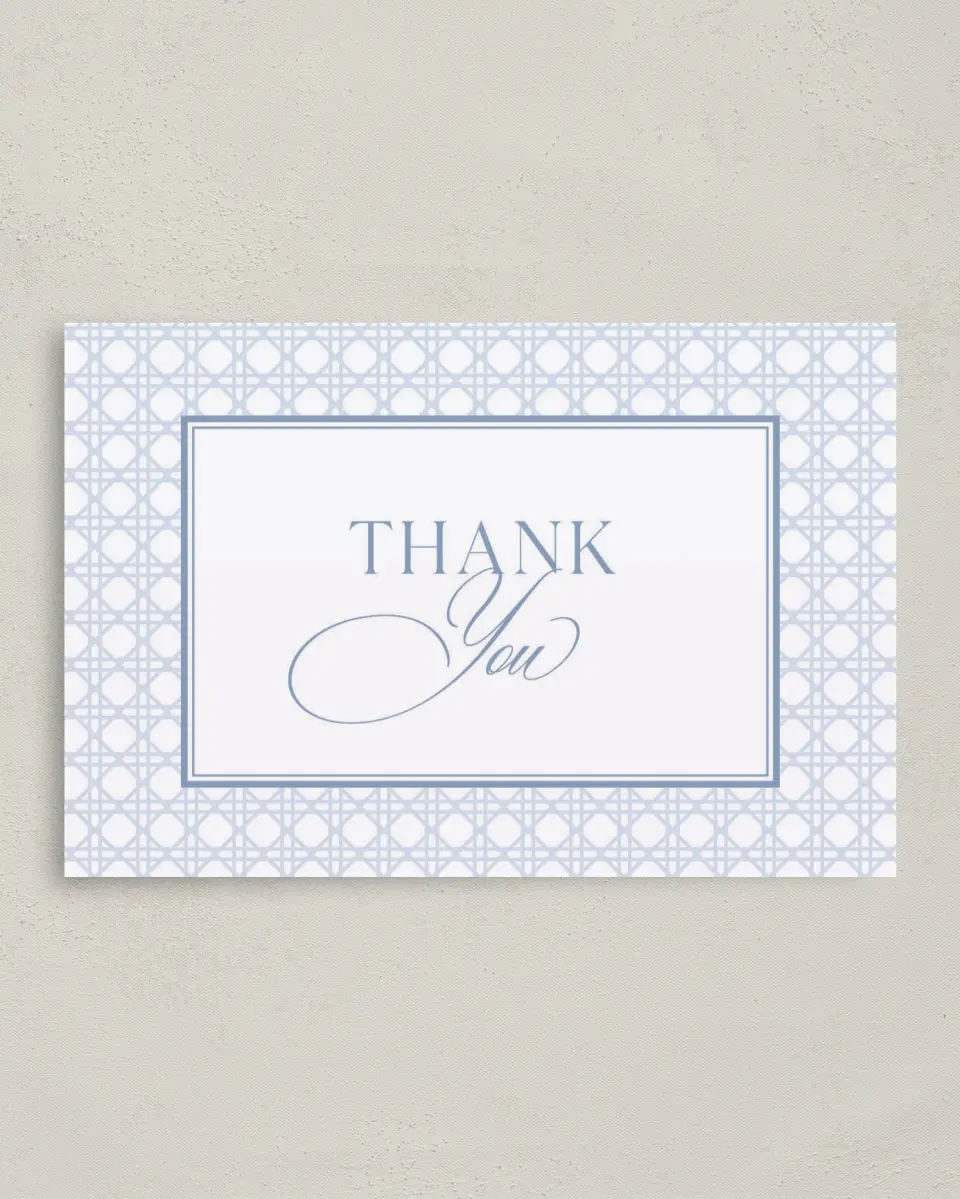 This is a 4" x 6" Folded Thank You Card called Woven Serenity printed in full color with Gold foil on Luxe Satin (coated) paper