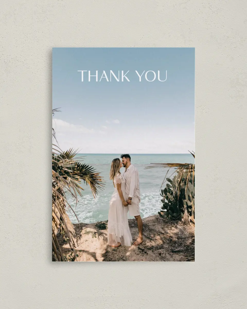 This is a 4" x 6" Folded Thank You Card called Seaside Serenade printed in full color with Rose Gold foil on Luxe Satin (coated) paper