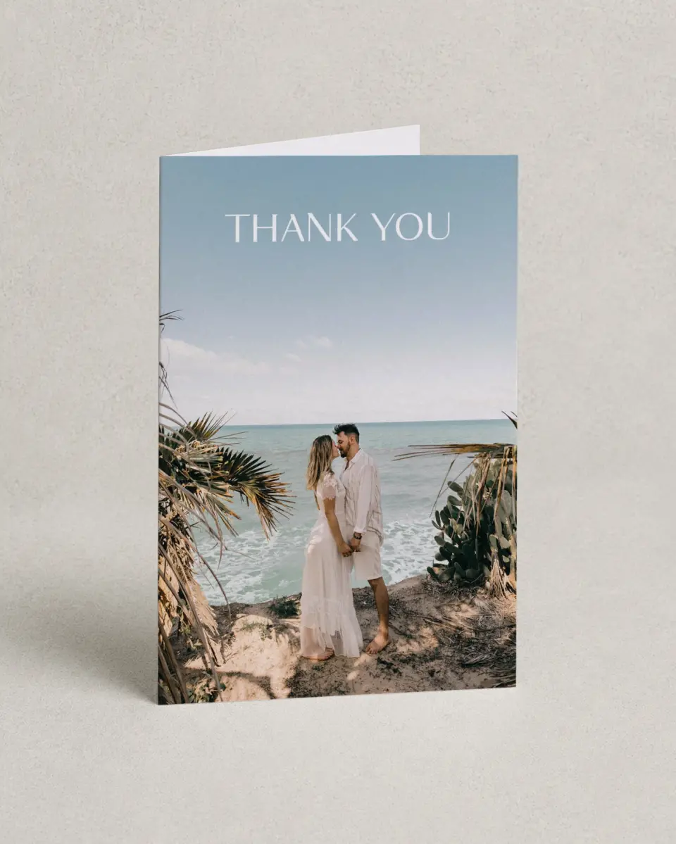 This is a 4" x 6" Folded Thank You Card called Seaside Serenade printed in full color on Premium Smooth paper