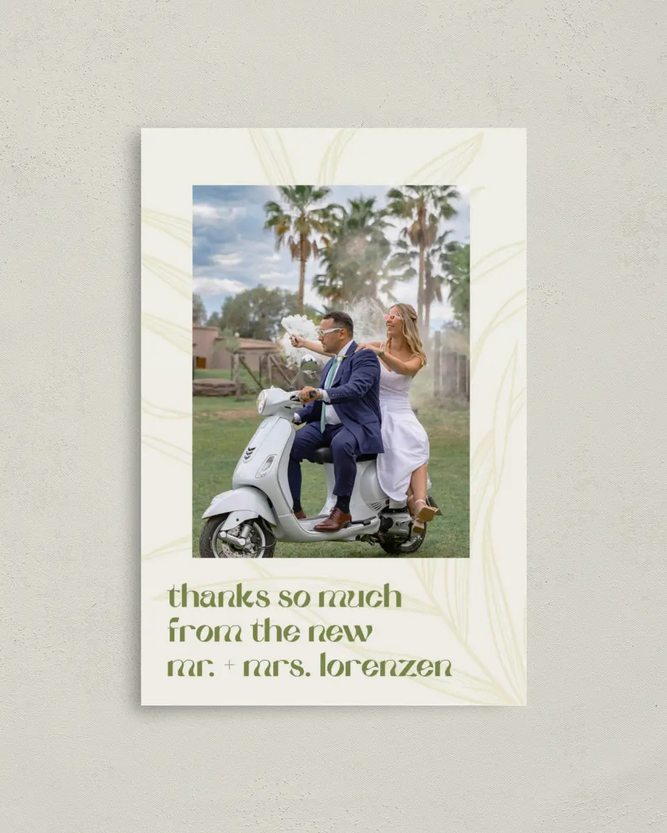 This is a 4" x 6" Folded Thank You Card called Zephyr printed in full color on Premium Smooth paper