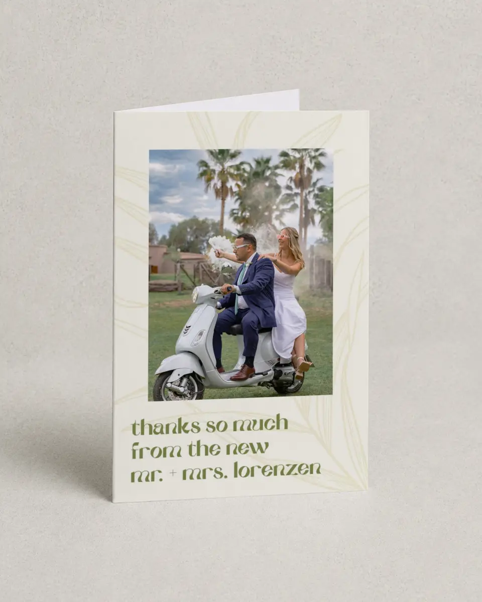 This is a 4" x 6" Folded Thank You Card called Zephyr printed in full color on Premium Smooth paper