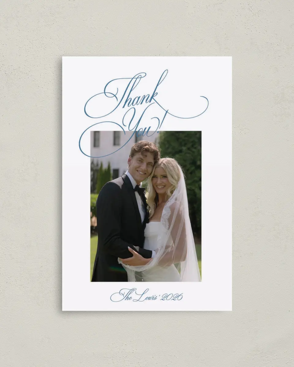 This is a 4" x 6" Folded Thank You Card called Blue Toile Romance printed in full color with Rose Gold foil on Luxe Satin (coated) paper