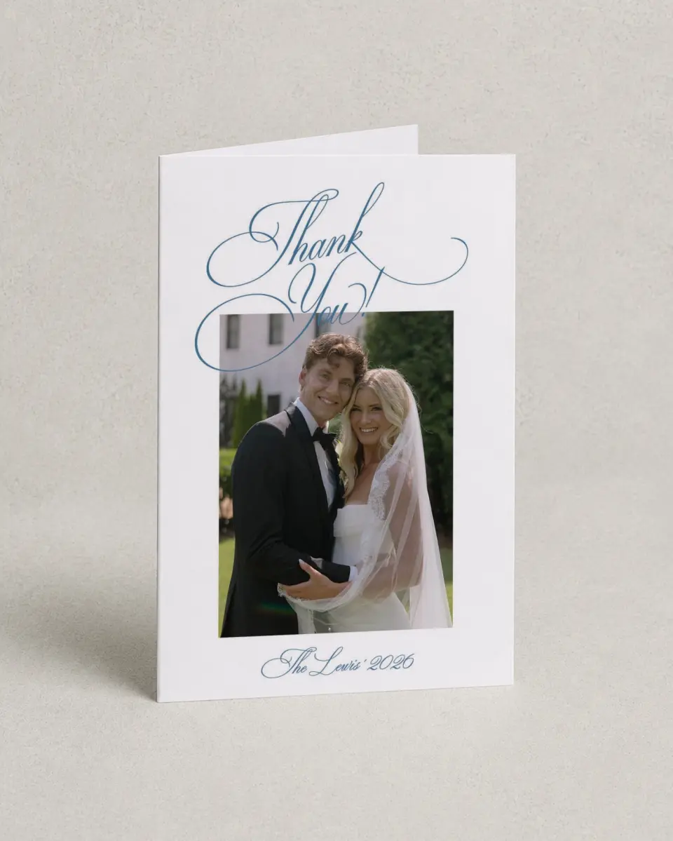 This is a 4" x 6" Folded Thank You Card called Blue Toile Romance printed in full color on Premium Smooth paper