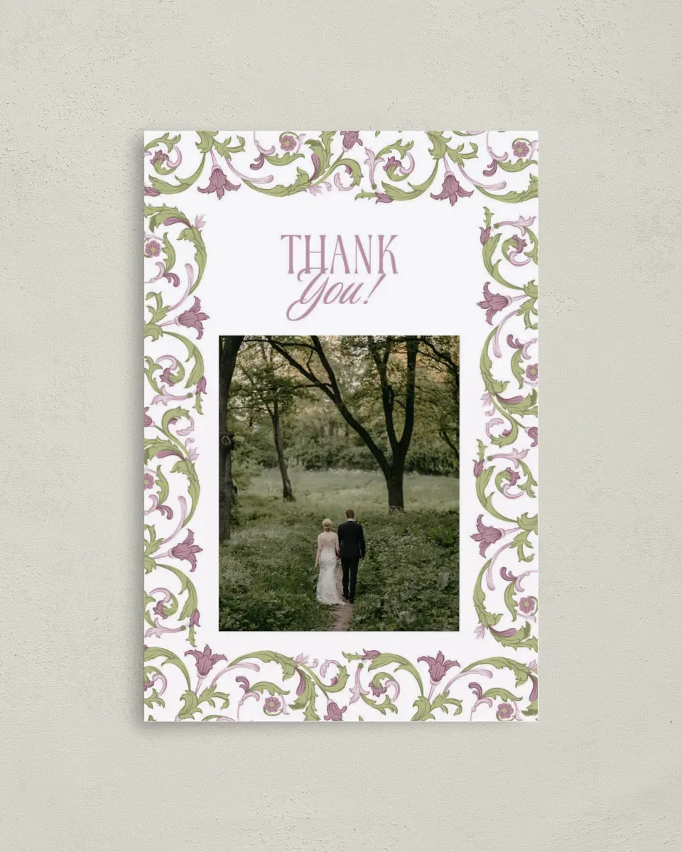 This is a 4" x 6" Folded Thank You Card called Ornate Garden printed in full color on Premium Smooth paper