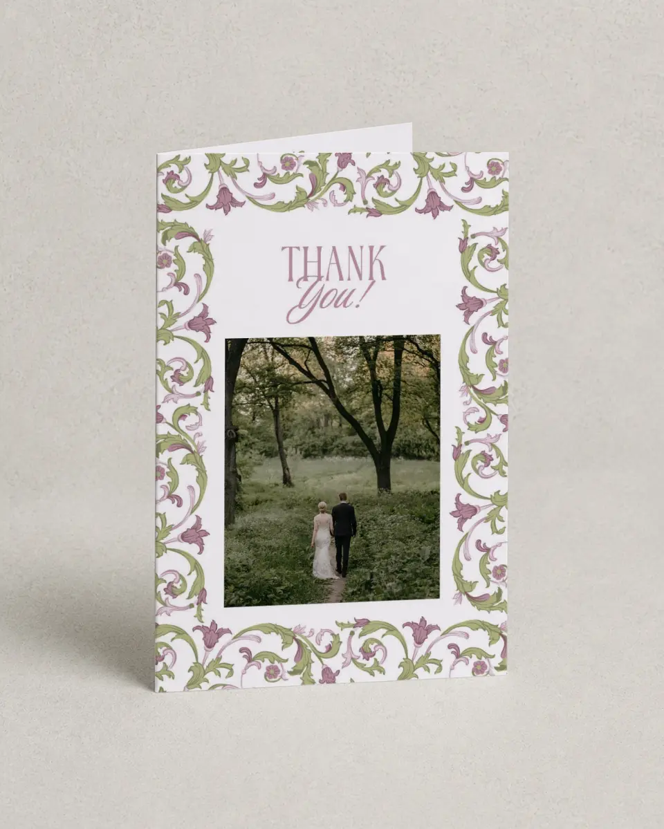 This is a 4" x 6" Folded Thank You Card called Ornate Garden printed in full color on Premium Smooth paper