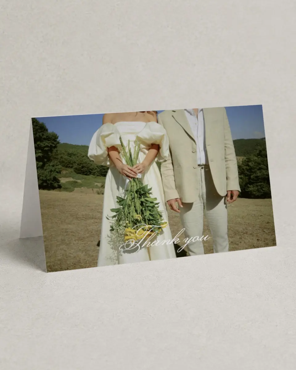 This is a 4" x 6" Folded Thank You Card called Formal Script printed in full color on Premium Smooth paper