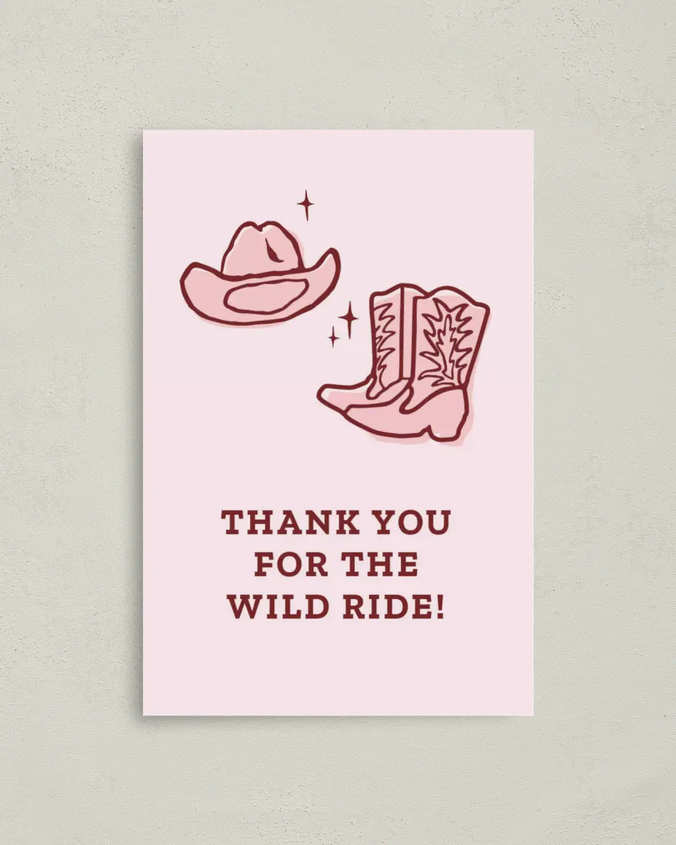 This is a 4" x 6" Folded Bachelorette Party Thank You Card called Wild Wild Wife printed in full color on Premium Smooth paper