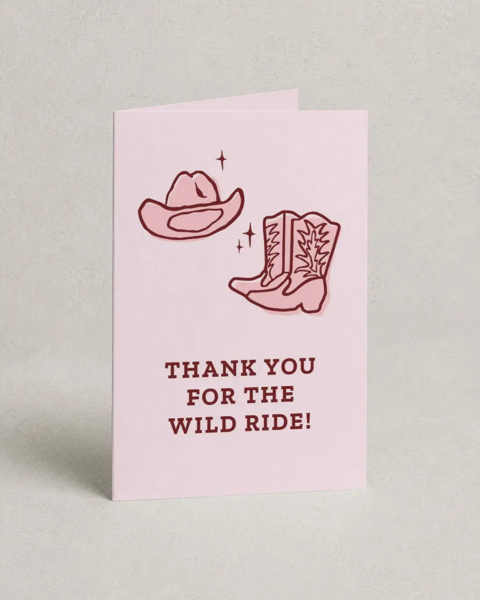 This is a 4" x 6" Folded Bachelorette Party Thank You Card called Wild Wild Wife printed in full color with Silver foil on Luxe Satin (coated) paper