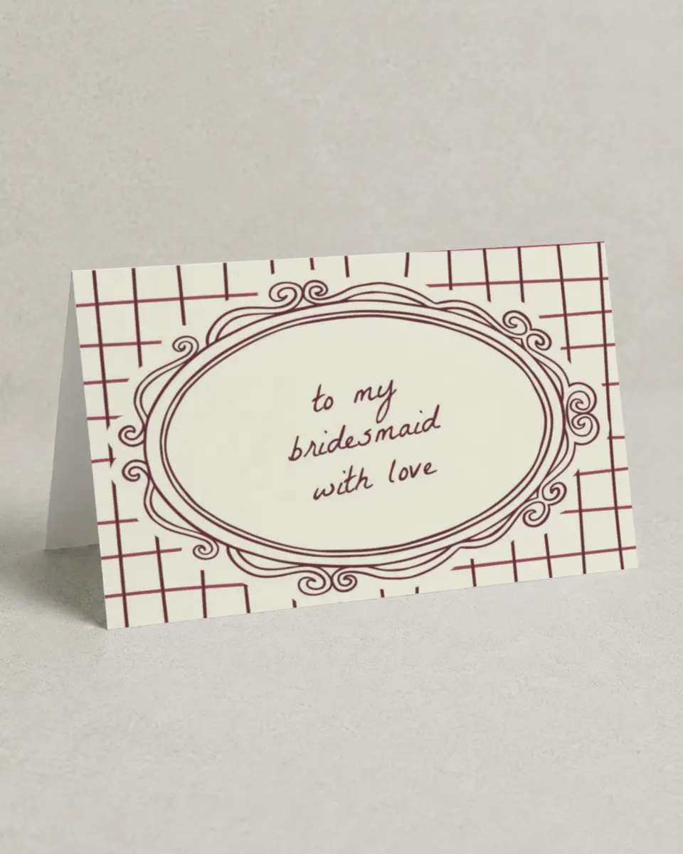 This is a 4" x 6" Folded Bachelorette Party Thank You Card called Apple of His Eye printed in full color with Silver foil on Luxe Satin (coated) paper