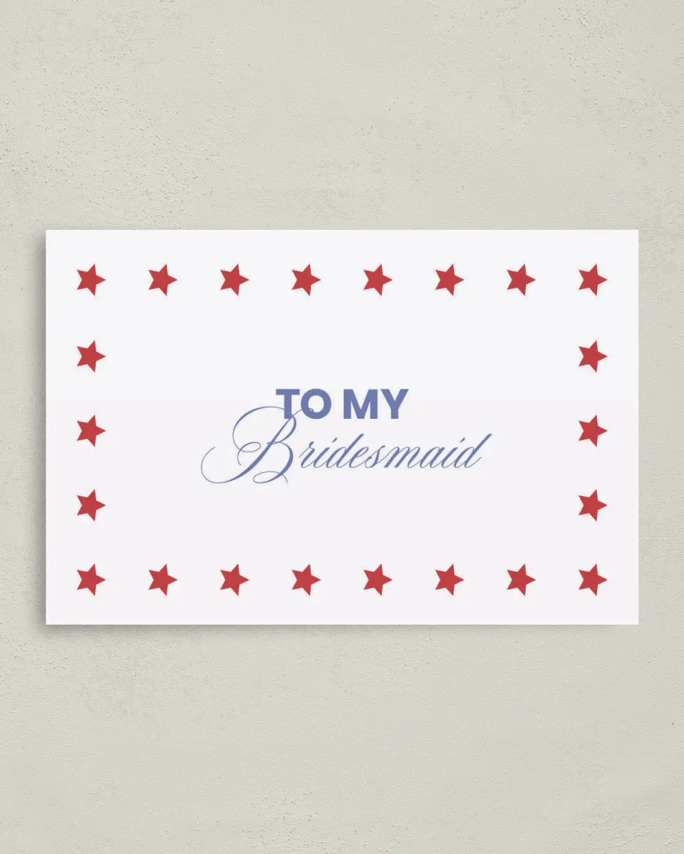 This is a 4" x 6" Folded Bachelorette Party Thank You Card called Red, Bride, and Blue printed in full color on Premium Smooth paper